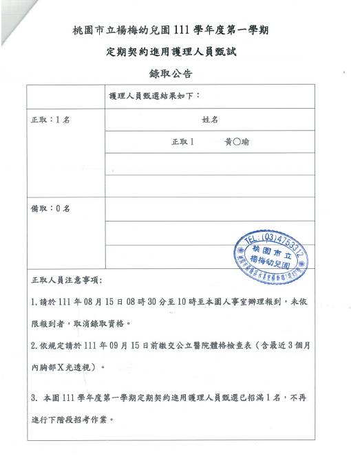 桃園市立楊梅幼兒園111學年度第一學期定期契約進用護理人員錄取公告