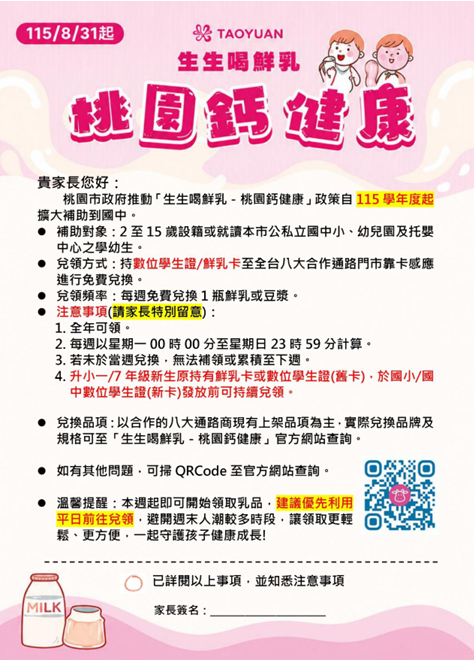 檢送本市「生生喝鮮乳－桃園鈣健康」政策自115學年度擴大補助對象之宣導單張(供家庭聯絡簿使用)1份，請查照。