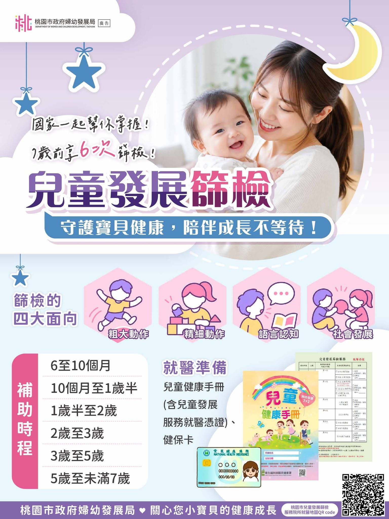 為及早掌握兒童發展狀況健康成長，請家長攜帶兒童健康手冊及健保卡，陪同兒童至合約院所接受「兒童發展篩檢服務」